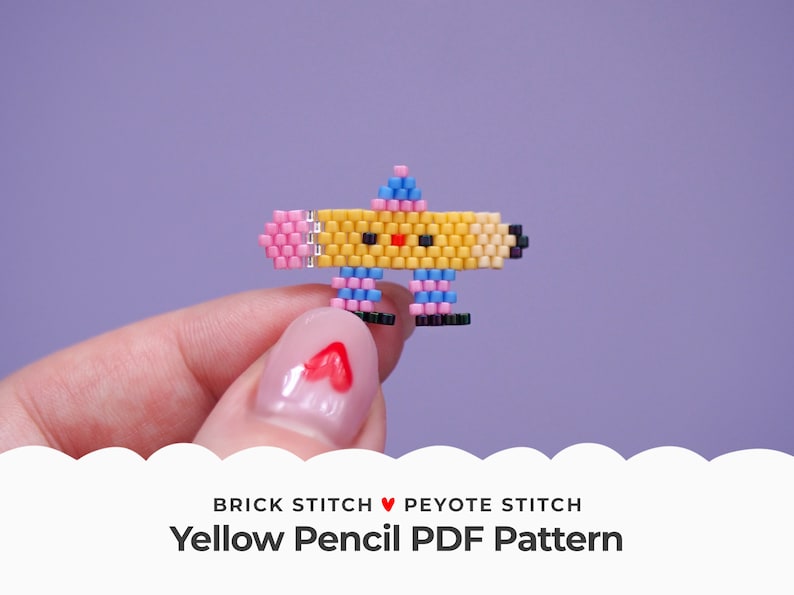 May include: A yellow pencil bead sprite with a pink eraser, blue hat, and black shoes. The bead sprite is made with colorful seed beads and is being held by a hand. The text "Brick Stitch &hearts; Peyote Stitch Yellow Pencil PDF Pattern" is at the bottom of the image.