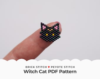 Patrón de puntada de ladrillo de gato brujo, mini aretes de puntada peyote de Halloween, gráfico de pequeñas cuentas de semillas para hacer joyas, dijes de taza y colgante de bolso