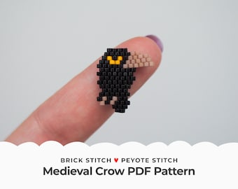 Patrón de puntada de ladrillo de cuervo medieval, pendientes de puntada de peyote de Halloween de pájaro negro, gráfico de cuentas de semillas de miedo para la fabricación de joyas, joyería de dijes
