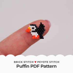 Patrón de punto de ladrillo de mini frailecillo, lindos pendientes de punto peyote con forma de pájaro, gráfico de pequeñas cuentas de semillas para hacer joyas, dijes de joyería, PDF digital