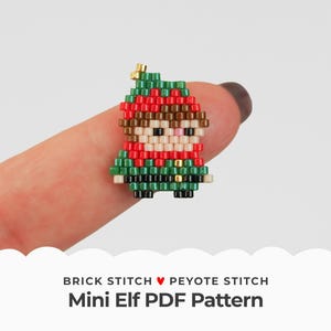 May include: A mini elf bead sprite pattern in red, green, brown, and white. The pattern is for brick stitch and peyote stitch. The pattern is called "Mini Elf PDF Pattern".