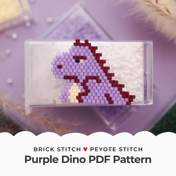 Purple Dino Brick Stitch Pattern, Fantasy Dragon Peyote Stitch Charm, Seed Bead Diagram for Jewelry making, Violet Dinosaur Pendant, Digital