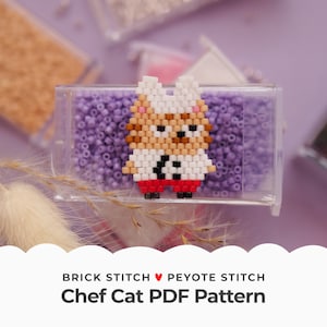 Chef Cat Brick Stitch Pattern, Peyote Stitch Animal Charm, Seed Bead Diagram for Jewelry making, Beaded Kitten Beading Tutorial, Digital