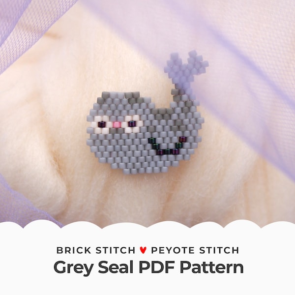 Grey Seal Brick Stitch Pattern, Cute Sea Animal Peyote Stitch Pendant, Seed Bead Diagram for Jewelry making, DIY Gift Idea, Digital Download