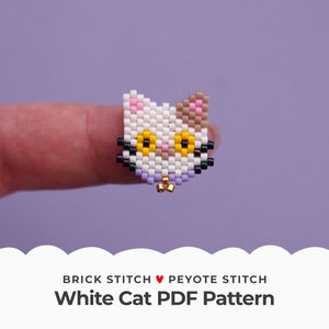 White Cat Brick Stitch Pattern, Cute Animal Peyote Stitch Earrings, Kawaii Seed Beads Diagram, Kitten Pendant Jewelry making, Digital File