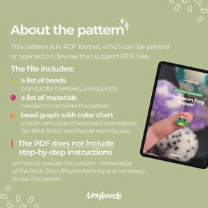 May include: A digital tablet displaying a beading pattern for a mushroom frog. The pattern includes a list of beads, materials, and a bead graph with color chart. The text "Mushroom Frog Pattern" is visible on the screen.