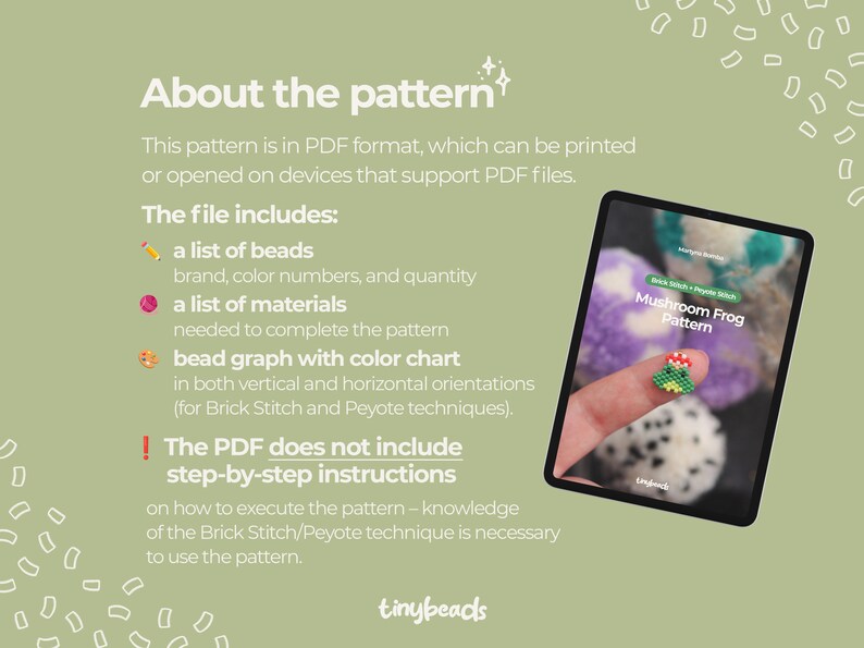May include: A digital tablet displaying a beading pattern for a mushroom frog. The pattern includes a list of beads, materials, and a bead graph with color chart. The text "Mushroom Frog Pattern" is visible on the screen.