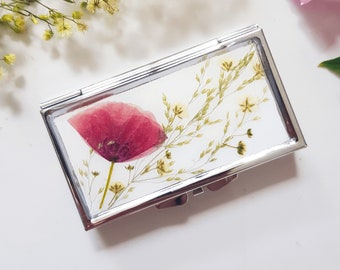 Pill box 7 day case with real wild flowers, Cute pill box, Weekly pill box, Pill holder, Metal pill organizer, Travel pill case