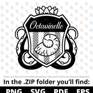 May include: Black and white illustration of a crest with the text "Octavinelle" at the top. The crest features a stylized octopus with a shell on its head.