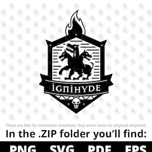 May include: Black and white illustration of a three-headed dog with flames above it. The text "IGNIHYDE" is written in a banner below the dog.