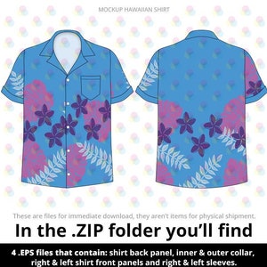 May include: A mockup of a blue Hawaiian shirt with a floral pattern. The shirt has a collar, short sleeves, and a pocket on the left side. The pattern includes pink flowers, purple flowers, and green leaves.