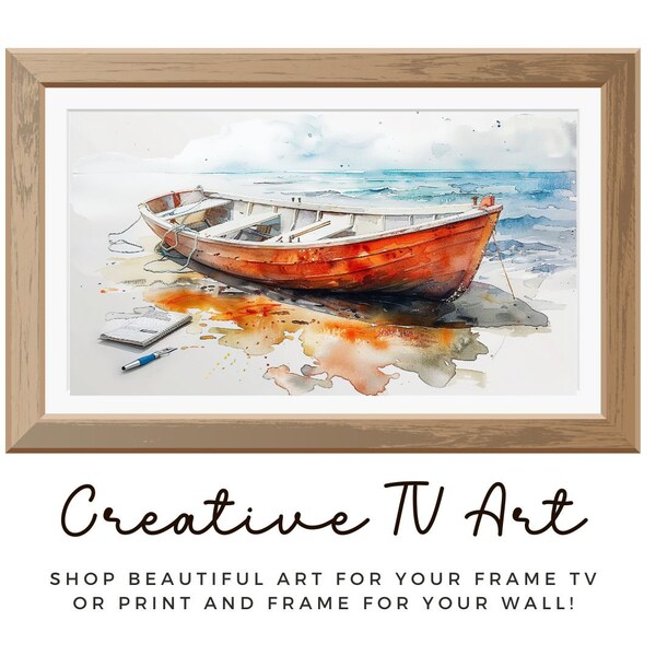 Samsung Frame TV Art Watercolor Painting Orange Row Boat On Beach Water Summer Coastal Scene Instant Download PRINTABLE