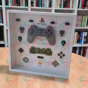 May include: A white framed display featuring a grey PlayStation controller, buttons, and the text "PlayStation", "SONY", "3 December 1994".