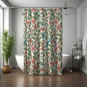 Fun Colorful Floral Shower Curtain | Boho William Morris Pink Green Flowers Art Nouveau Nature Artwork Illustration Vintage Botanical Decor