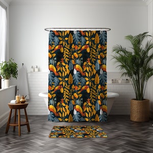 Vibrant Toucan Print Shower Curtain | Rainforest Vector Bold Colorful Boho Lush Jungle Floral Illustration Animal Bird Art Deco Graphic