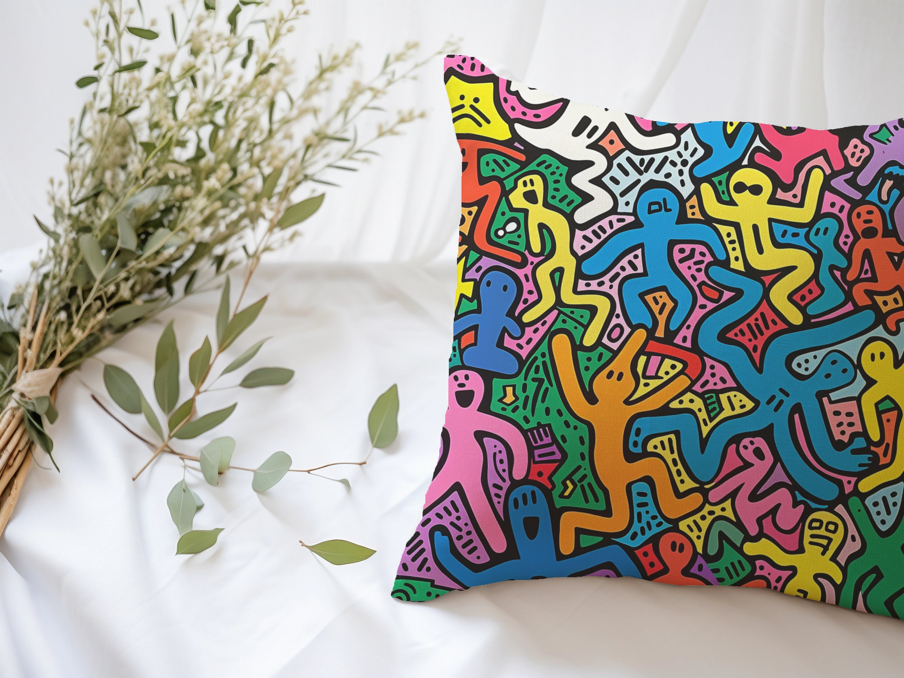Colourful Figures Print Pillowcase Vibrant Colors Energetic Fun Bold Lines Pattern Playful Dancing Exaggerated Keith Haring Style Art Etsy UK
