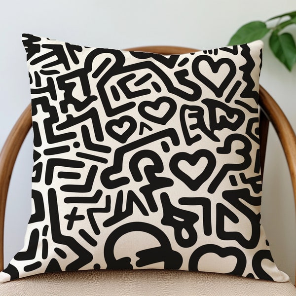 Black and White Vector Print Pillow | Letters and Faces Abstract Pattern Atmosphere Bold Lines Monochrome Exaggerated Keith Haring Art