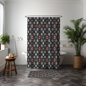 Floral Motif Pattern Print Shower Curtain | Dark Contrast Grey White Red Flower Vintage Folk Art Deco Illustration Brushstrokes Wallpaper