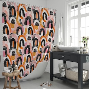 Abstract Arches Print Shower Curtain | Pink Orange Black Whimsical Pattern Retro Vintage Folk Texture Illustration Brush Painted Wallpaper