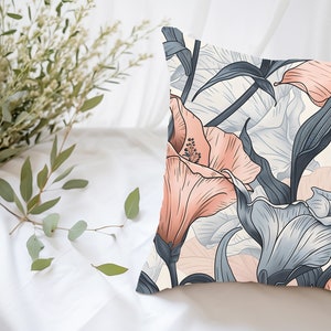 Tropical Floral Pillowcase | William Morris Grey Azure Red Blue Flowers Nature Inspired Art Nouveau Watercolor English Countryside Botanical