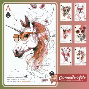 Set de 6 affiches imprimables à texte inspirant. Thème jeu de cartes et animaux. Art numérique à imprimer. Cadeau décoration originale.