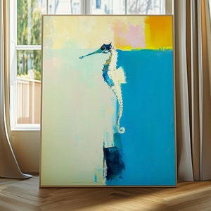 Abstract Coastal Decor Wall Art Print, Modern Contemporary Ocean Seahorse Painting, Colorful Minimalist Marine Theme Gift, Canvas or Poster