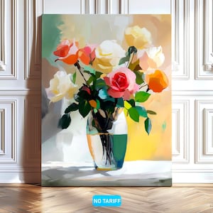 Romantic Rose Bouquet Wall Art Print, Impressionist Flower Painting, Soft Floral Still Life Decor for Bedroom, Dining Room or Wedding Gift