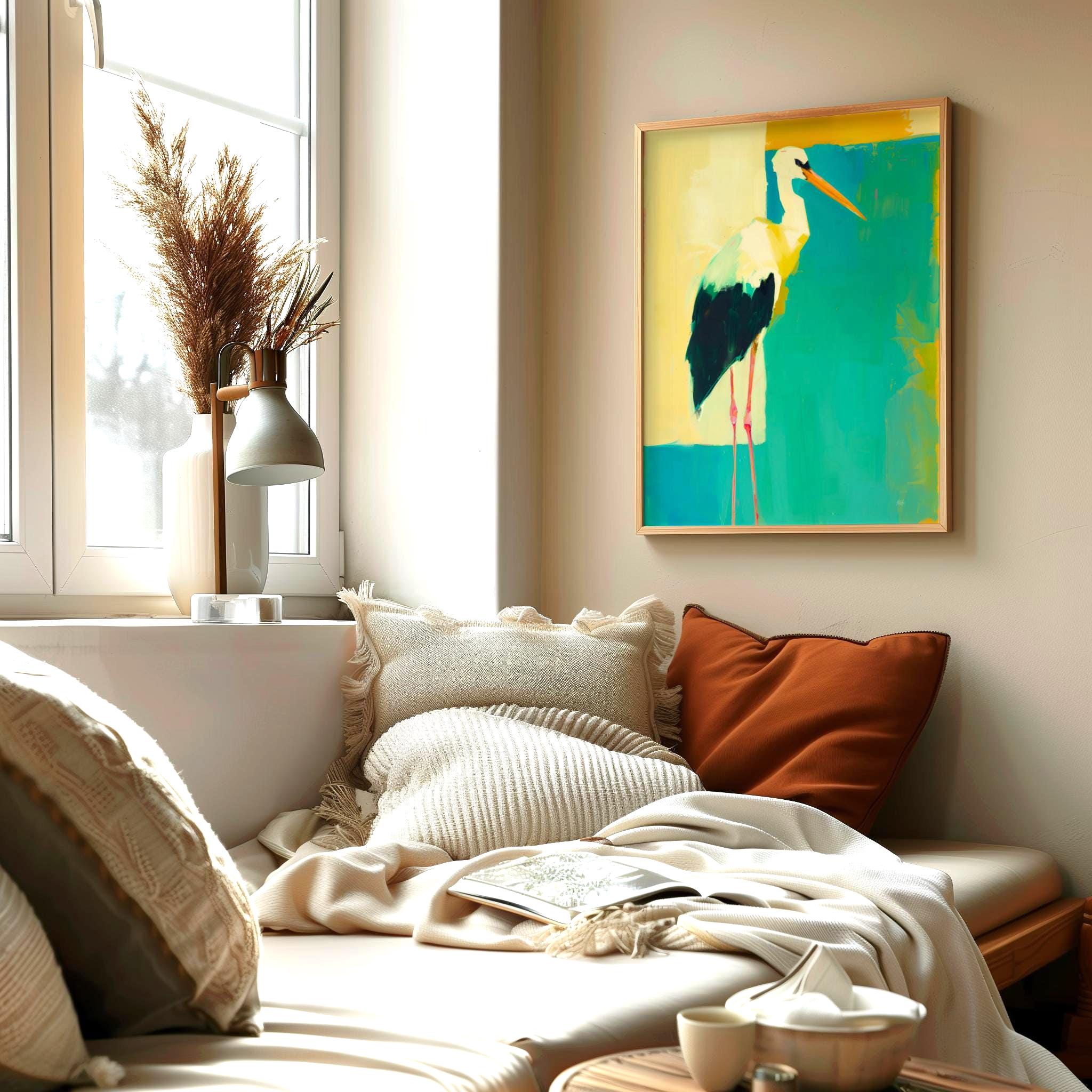 Modern Bird Wall Art Print, Abstract Stork Painting, Contemporary ...