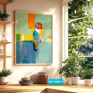 Lienzo o póster de colibrí con arte de pared moderno, impresión de arte contemporáneo minimalista abstracto, regalo de decoración colorido para hogares bohemios o eclécticos.