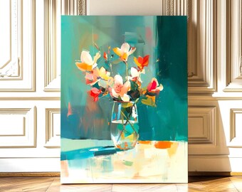 Abstract Colorful Flower Wall Art Painting, Canvas or Poster, Minimalist, Contemporary Art Print, Unique Home Decor Gift for Living Room