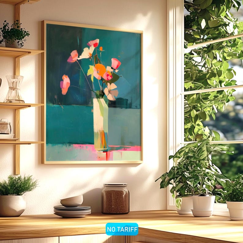 Modern Abstract Floral Wall Art Print Canvas or Poster, Vibrant Teal ...