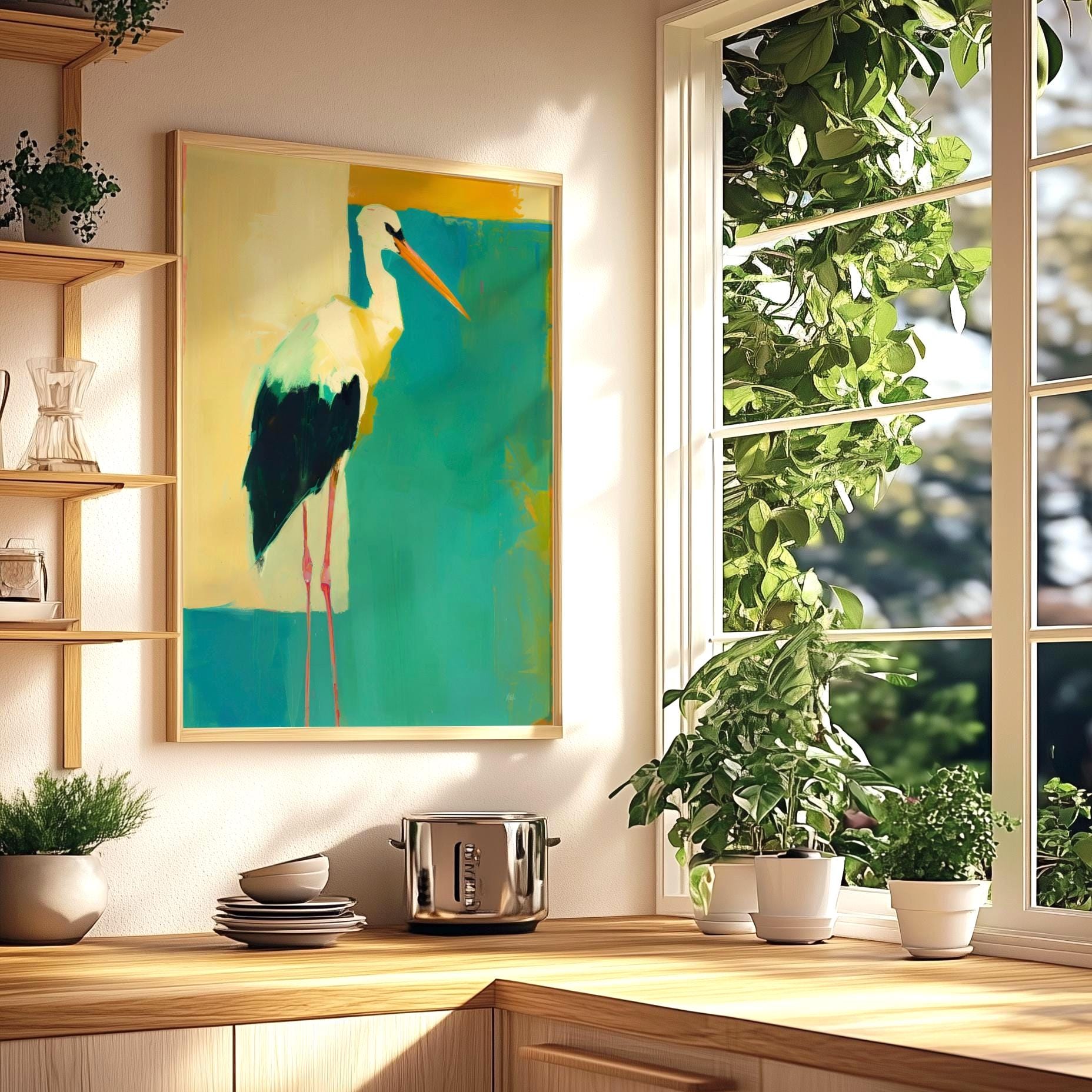 Modern Bird Wall Art Print, Abstract Stork Painting, Contemporary ...