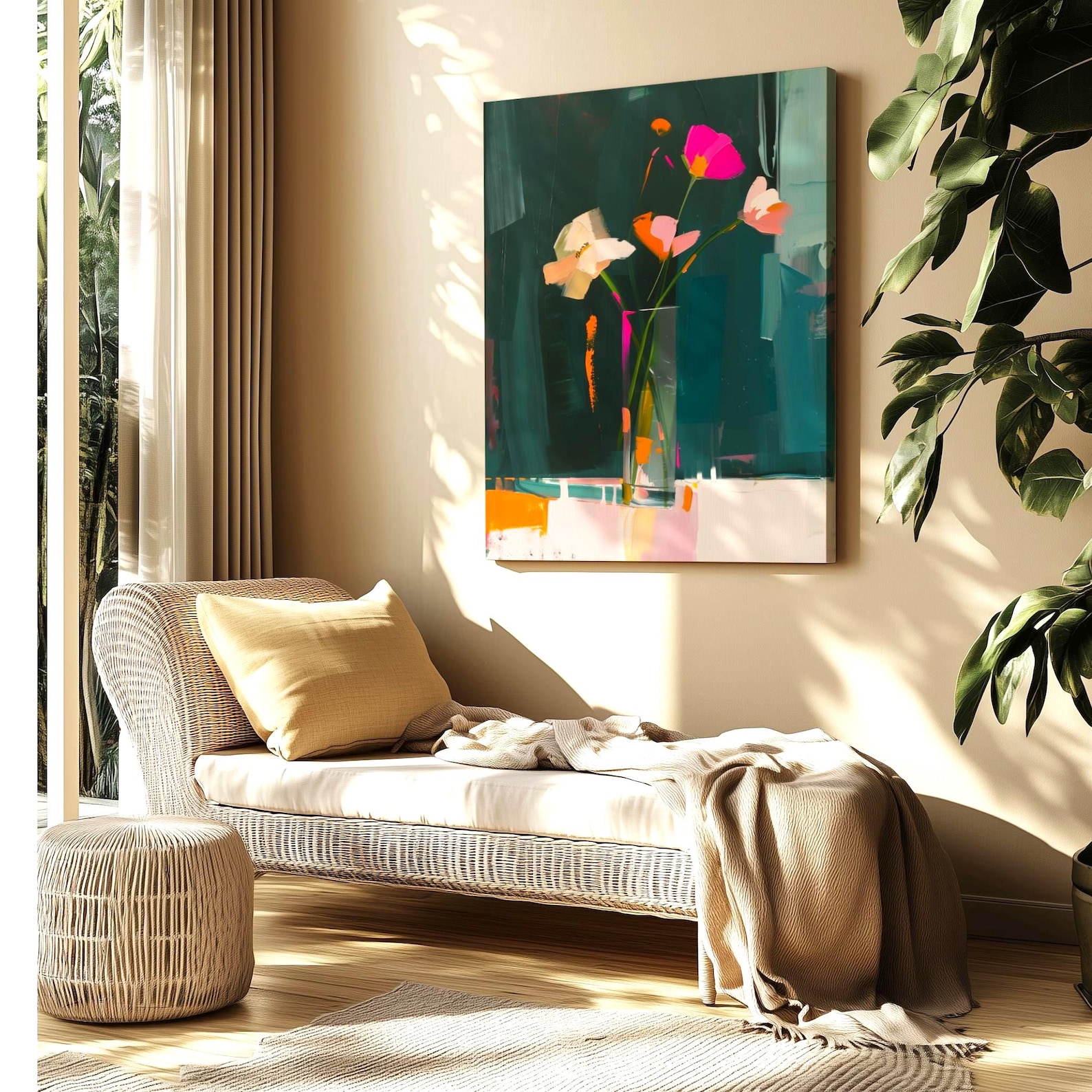 Modern Floral Wall Art Print, Vibrant Vase Flowers on Dark Background ...