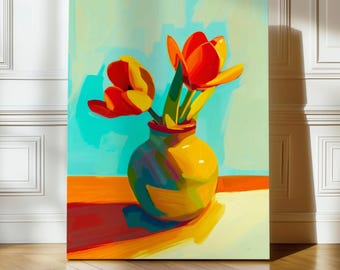 Abstract Floral Still Life Painting, Tulip Wall Art Print, Modern Tulips in Vase Artwork, Bold Color Flower Decor for Kitchen or Living Room