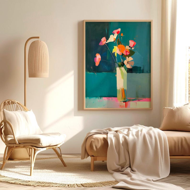 Modern Abstract Floral Wall Art Print Canvas or Poster, Vibrant Teal ...