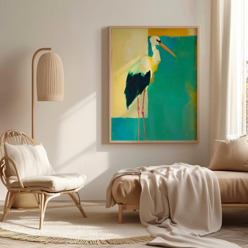 Modern Bird Wall Art Print, Abstract Stork Painting, Contemporary ...