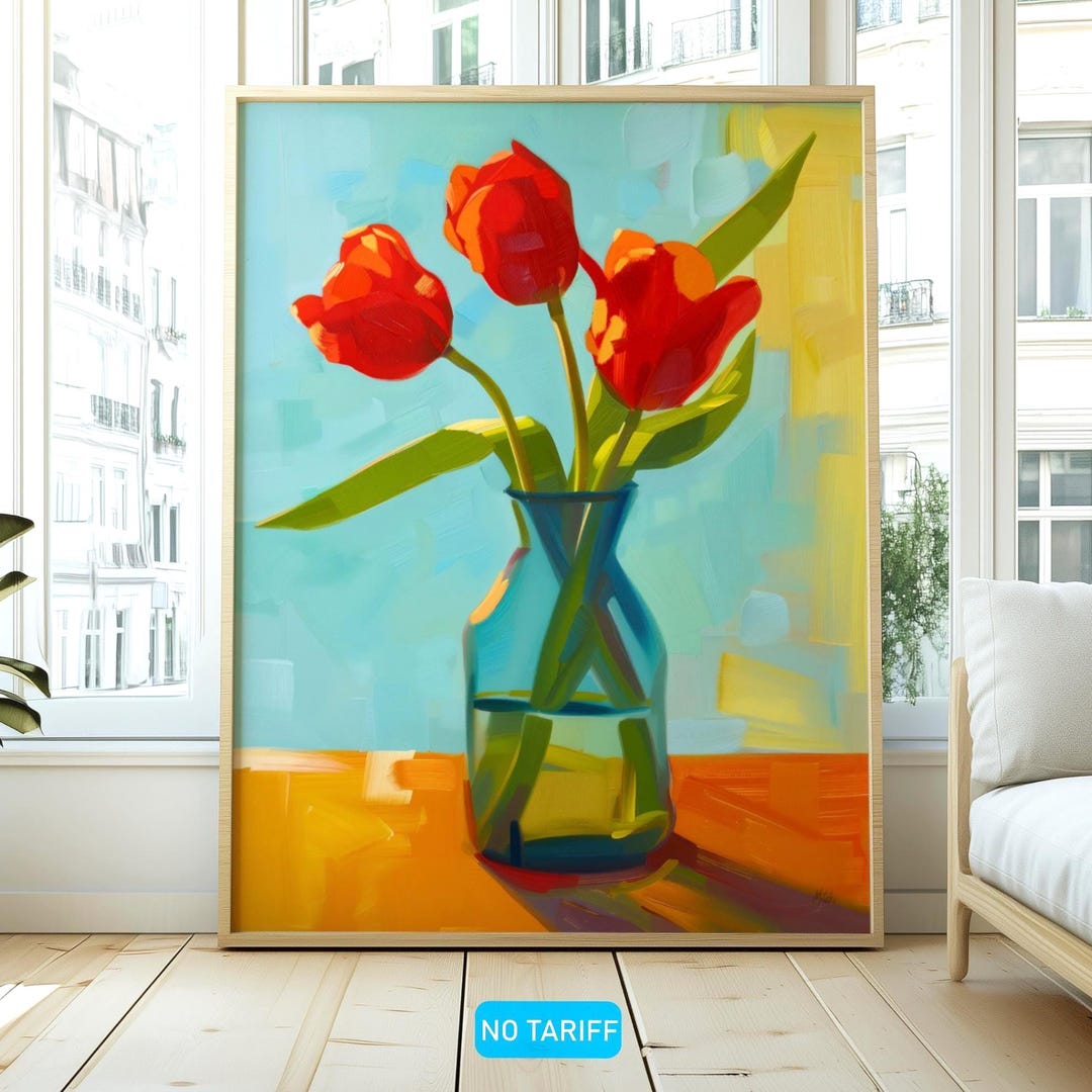 Colorful Floral Wall Art, Modern Tulip Painting Print, Spring Vase ...