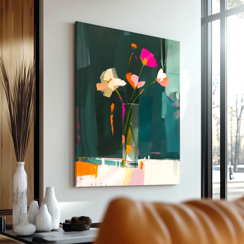 Modern Floral Wall Art Print, Vibrant Vase Flowers on Dark Background ...