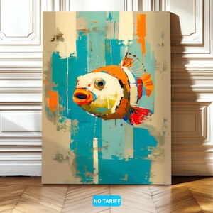 Abstract Fish Painting, Modern Coastal Wall Art, Vibrant Ocean Decor Gift, Contemporary Animal Artwork, Bold Colorful Sea Life Canvas Print