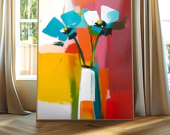 Colorful Abstract Flower Wall Art Print | Mid-century Modern Floral Artwork | Bold Contemporary Botanical Decor for Living Room or Bedroom