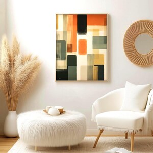 Framed Canvas depicting a mid-century modern abstract Artwork is hanging on a wall. Geometrical warm colors. Bauhaus inspired painting.