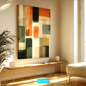 Large Canvas depicting a mid-century modern abstract Artwork is hanging on a wall. Geometrical warm colors. Bauhaus inspired painting.