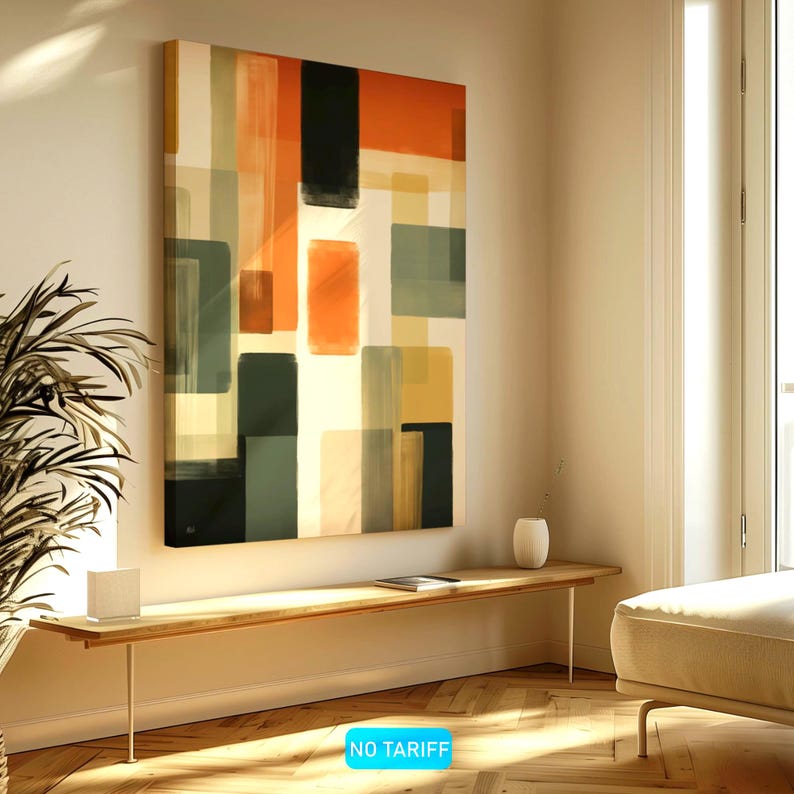 Large Canvas depicting a mid-century modern abstract Artwork is hanging on a wall. Geometrical warm colors. Bauhaus inspired painting.