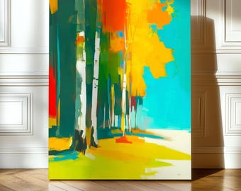 Indian Summer Forest Wall Art Print, Modern Abstract Scandinavian Forest Painting, Contemporary Colorful Woodland Decor for Living Room