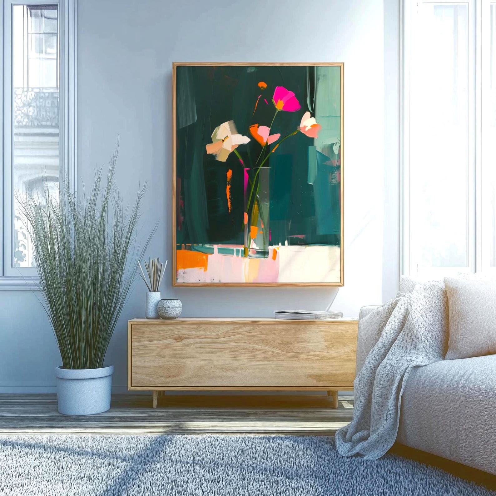 Modern Floral Wall Art Print, Vibrant Vase Flowers on Dark Background ...