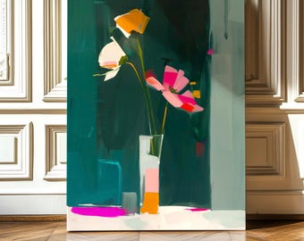 Abstract Floral Wall Art, Modern Minimalist Flower Painting, Colorful Botanical Artwork for Living Room or Bedroom, Canvas or Fine Art Print
