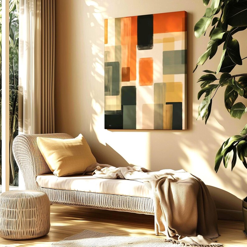 Framed Canvas depicting a mid-century modern abstract Artwork is hanging on a wall. Geometrical warm colors. Bauhaus inspired painting.