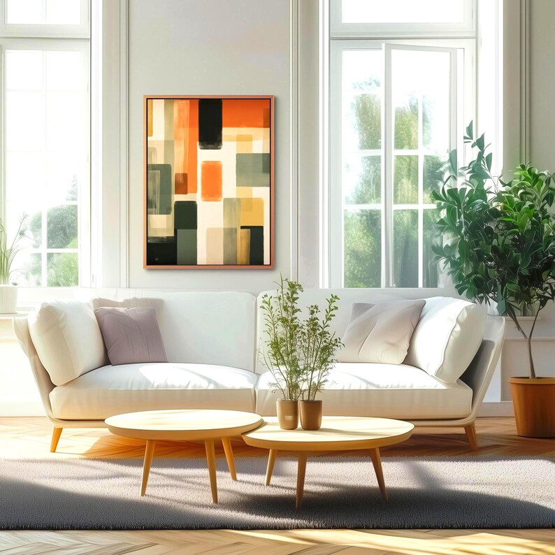 Framed Canvas depicting a mid-century modern abstract Artwork is hanging on a wall. Geometrical warm colors. Bauhaus inspired painting.