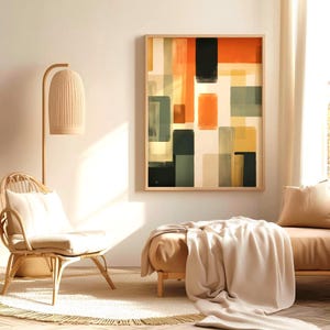 Framed Canvas depicting a mid-century modern abstract Artwork is hanging on a wall. Geometrical warm colors. Bauhaus inspired painting.