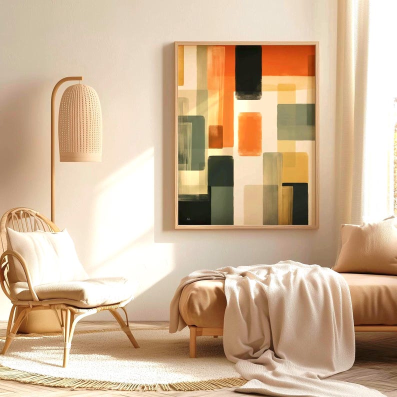 Framed Canvas depicting a mid-century modern abstract Artwork is hanging on a wall. Geometrical warm colors. Bauhaus inspired painting.